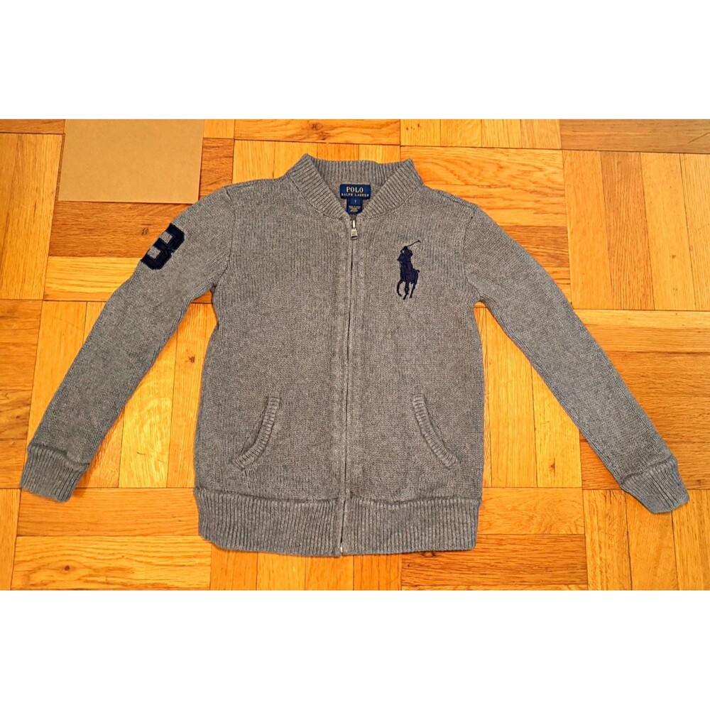 Polo Ralph Lauren Boys Gray Cotton Knit Full Zip Sweater Mock Neck 7